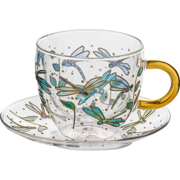 Ashdene Natures Keepers Double Walled 350ml Glass Tea Cup & Saucer Dragonfly
