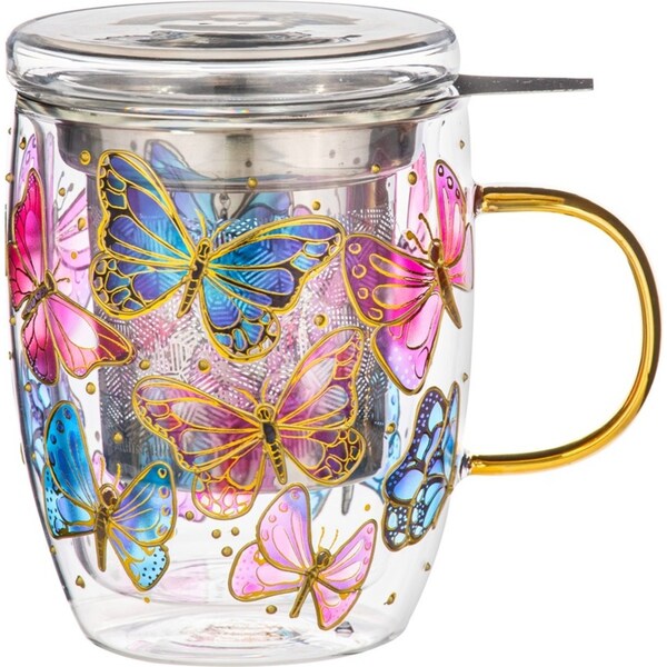 3pc Ashdene Natures Keepers 350ml Double Walled Mug Cup w/ SS Infuser Butterfly