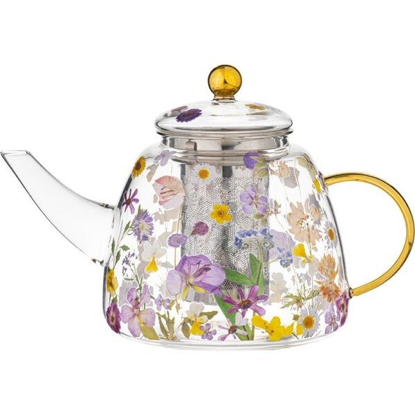 Ashdene Pressed Flowers Double Walled 1.2L Floral Glass Teapot w/ SS Infuser