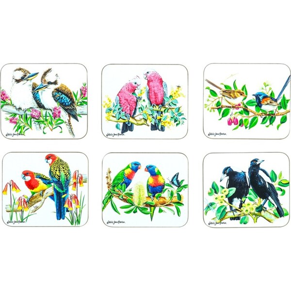 6pc Ashdene Australian Birds 11cm Cork Coaster Square Table Protector Pad Set