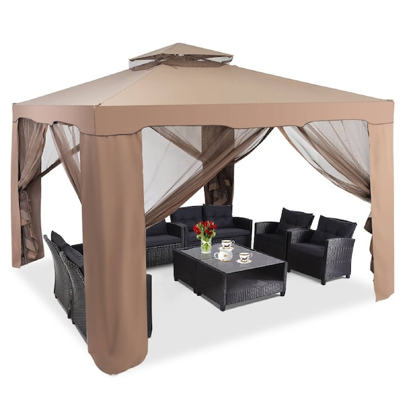 Costway 3X3M Outdoor Canopy Gazebo Folding Patio Canopy Tent House Party Gazebo w/Mosquito Netting Backyard Garden Coffee
