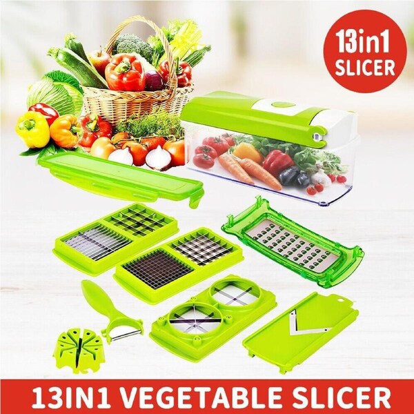 13 IN 1 Food Vegetable Slicer Fruit Cutter Dicer Nicer Container Chopper Peeler Multifunctional Kitchen Vegetable Slicer Food Chopper Adjustable Food cutter