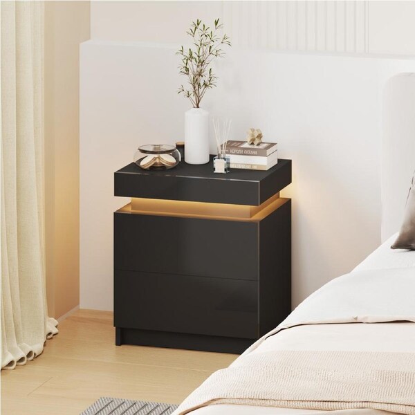 Advwin Bedside Table 2 Drawers With Lift Up Storage Nightstand LED RGB Light Side Table Black
