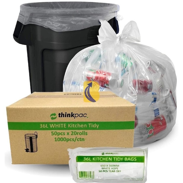 36L White Bin Liners - 10um - 1,000 Bags (Office / Kitchen Tidy Liners)