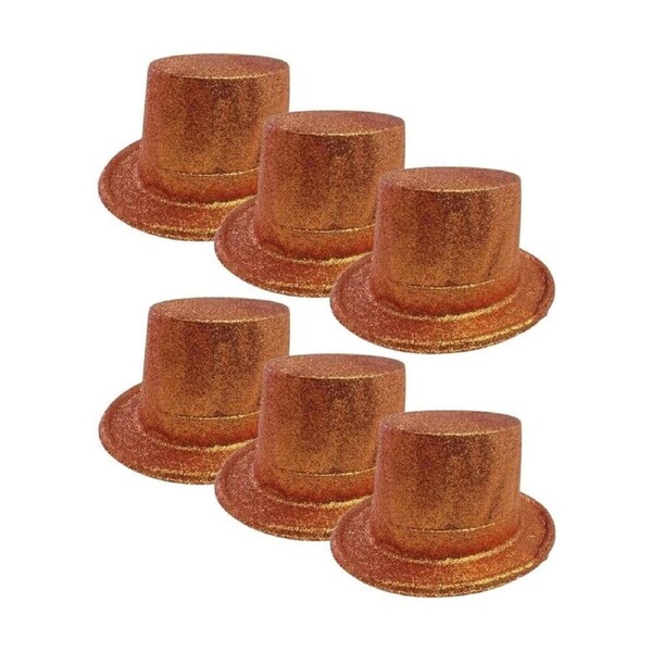 6x GLITTER TOP HAT Fancy Party Plastic Costume Tall Cap Fun Dress Up BULK - Orange - One Size