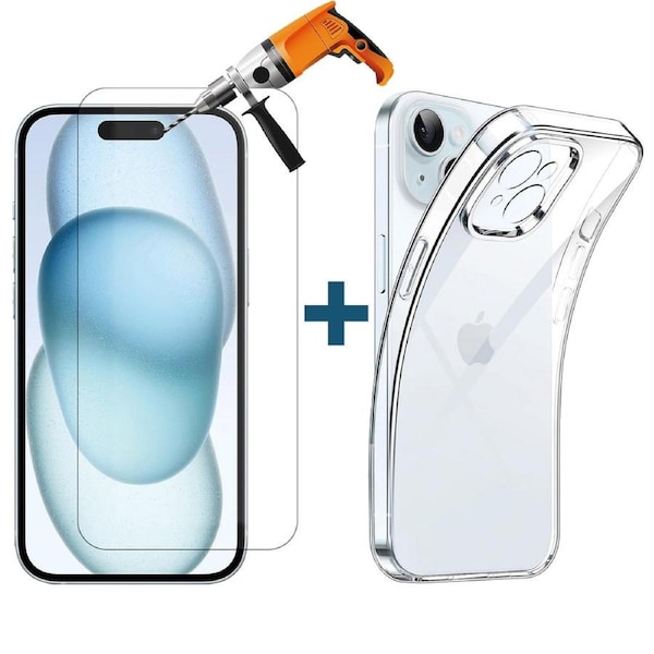 For Apple iPhone 15 Phone Case Cover and Tempered Glass Screen Protector Clear