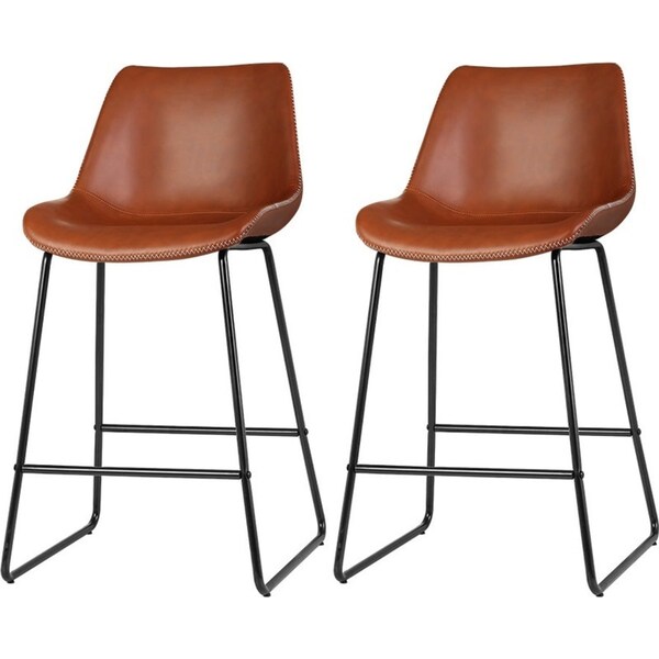 Set of 2 Bar Stools Kitchen Metal Bar Stool Dining Chairs PU Leather Brown
