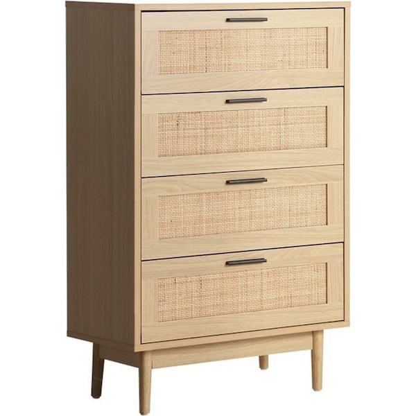 4 Chest of Drawers Rattan Tallboy Cabinet Bedroom Clothes Storage Wood