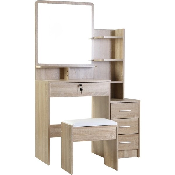Dressing Table Mirror Stool Set Vanity Makeup Desk Organizer Drawer Oak