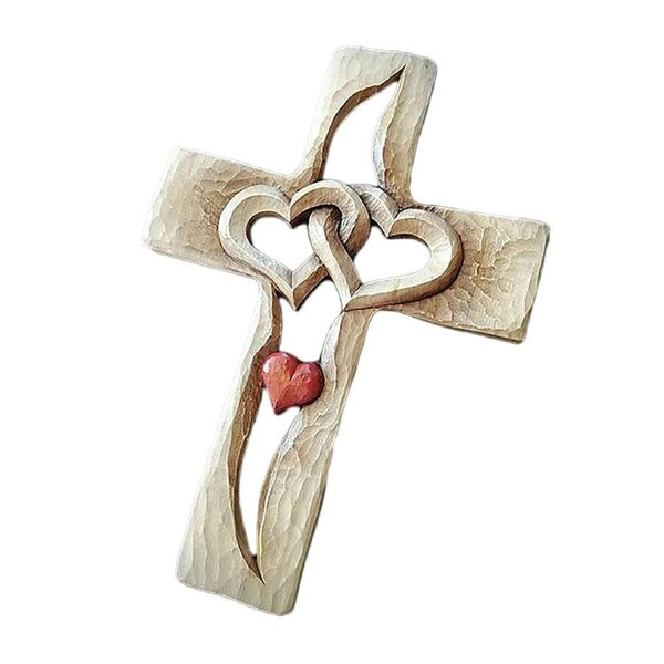 Carved Wooden Cross With Hollow Intertwined Hearts Hanging Love Couple Family