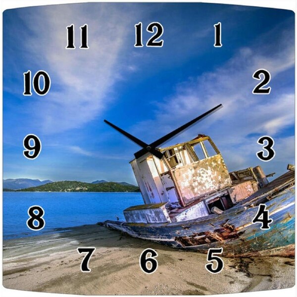 French Country Retro Glass Wall Clock Shipwreck Square 30cm