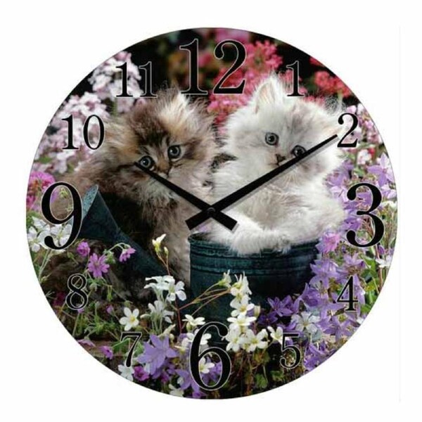 French Country Glass Wall Clock Small 17cm Cute Fluffy Kittens Clocks