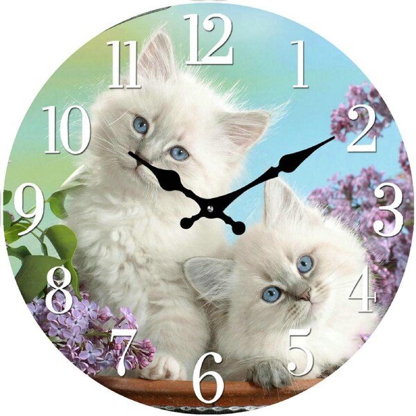 French Country Glass Wall Clock Small 17cm Two White Kittens Clocks