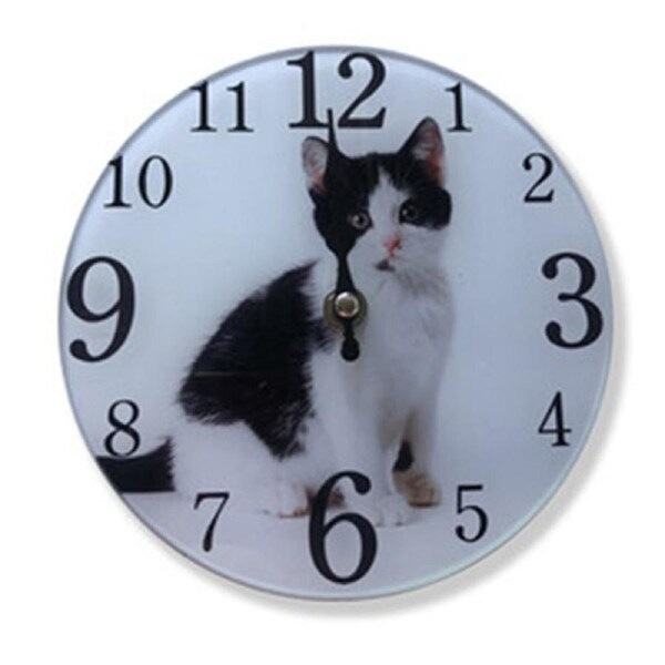 French Country Glass Wall Clock Small Black and White Kitten 17cm