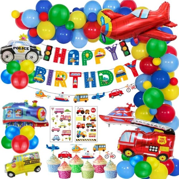 Transportation Helium Foil Balloons Happy Birthday Set Kids Party Decorations