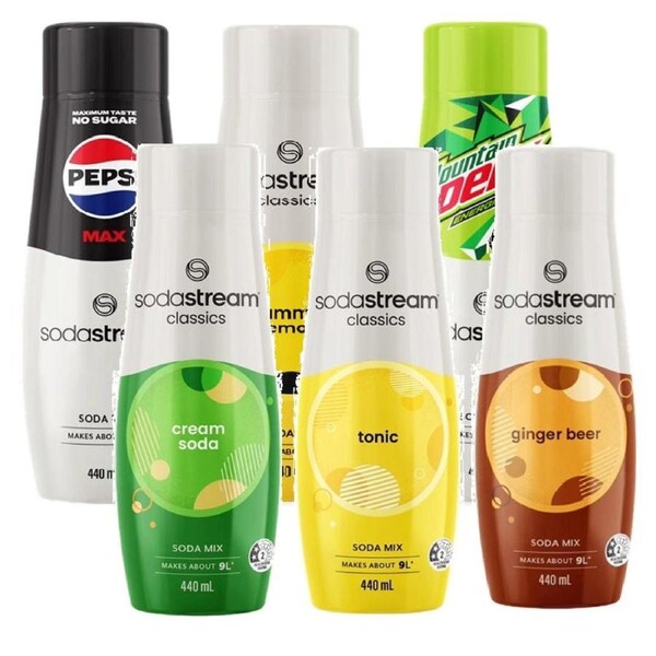 SodaStream Variety Assorted Pepsi Max Summer Lemon Mountain Dew Ginger Beer Cream Soda Tonic Syrup Soda Mix 440mL
