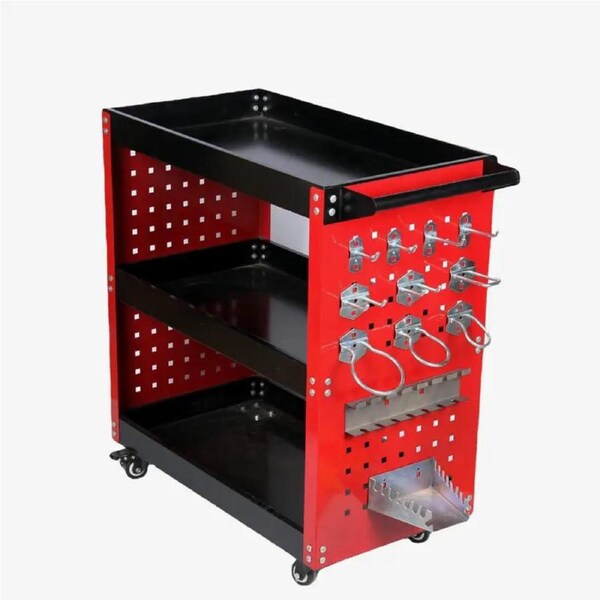 3 Tiers Metal Tool Trolley Cart With Pegboard Hooks Workshop Storage Trolleys