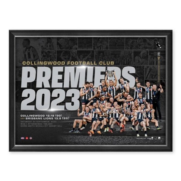 2023 AFL Premiers Collingwood Magpies 75CM x 55CM Team Poster Sportsprint Wooden Frame MEMORABILIA