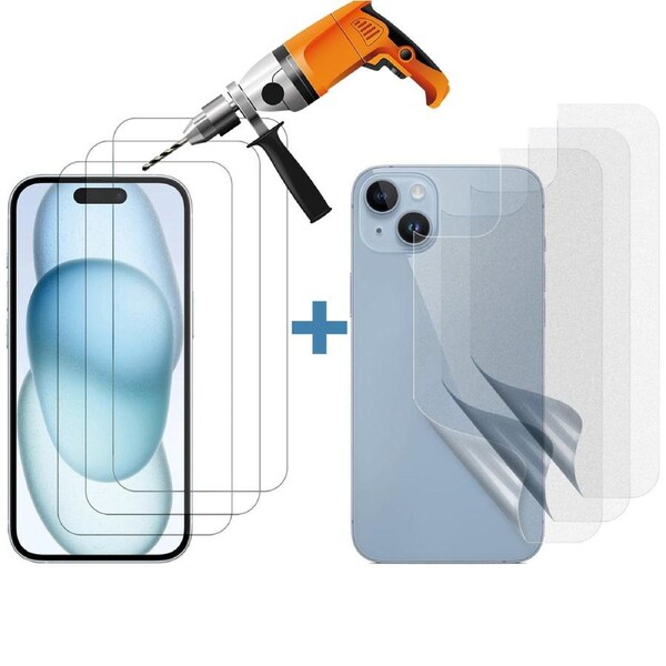 3 Set Tempered Glass Screen Protector for Apple iPhone 15 Front and Film Back