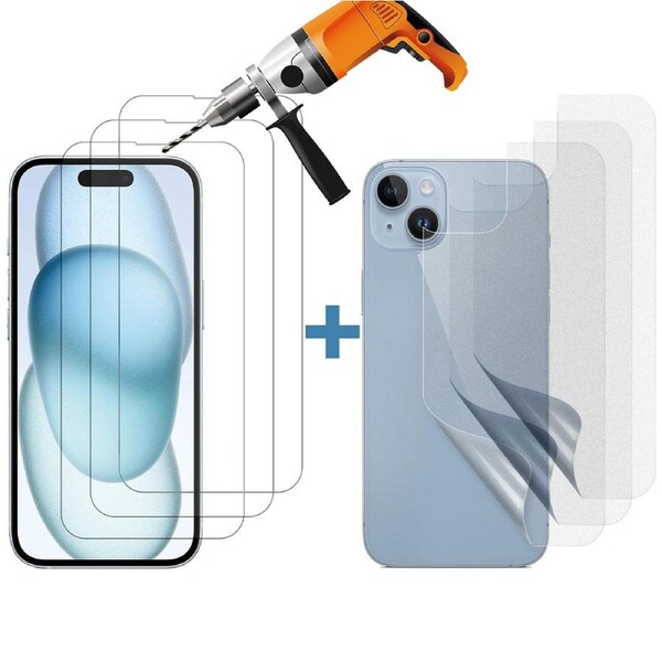 3 Set Tempered Glass Screen Protector for Apple iPhone 15 PLUS Front + Film Back