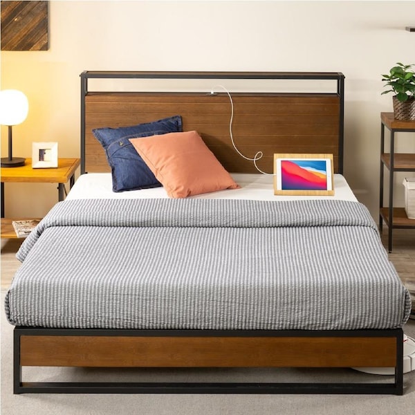 Zinus Bed Frame Queen Double King Size Ironline Metal, Solid Wood Bed Frame Base, Headboard Shelf & USB Port Size Double