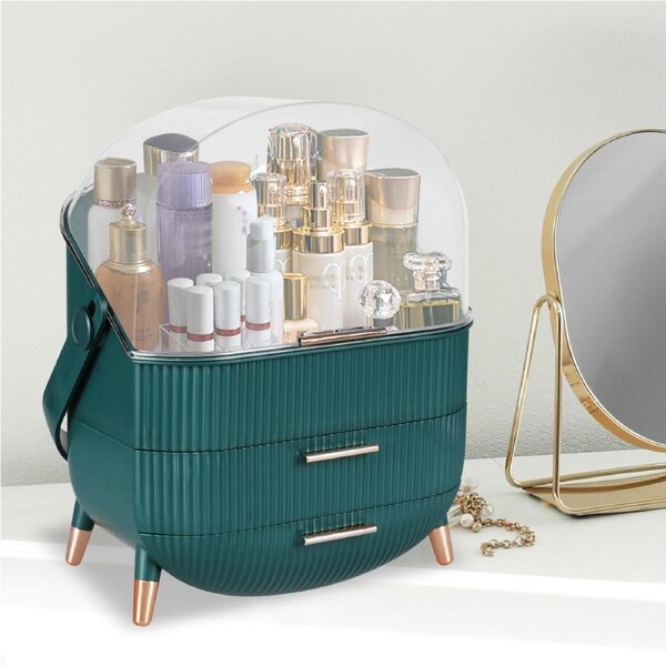 Ilus Portable Makeup Organiser Cosmetic Case Carry Storage Box Jewelry Holder White Dark Green