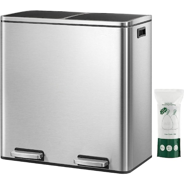 Dual Rubbish Bin 60L 2x30L Garbage Can Silver