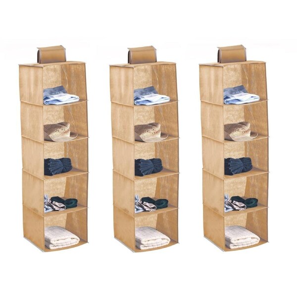 3 Pack 5-Tier Shelf Hanging Closet Organizer and Storage for Clothes (Beige)