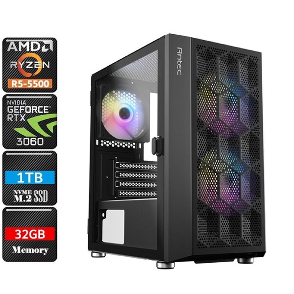 AMD Ryzen 5500 RGB Gaming PC System, 3060/32GB RAM/1TB NVMe SSD/WIFI6 [5500-RTX3060-32G1S-NX200MR-NO]