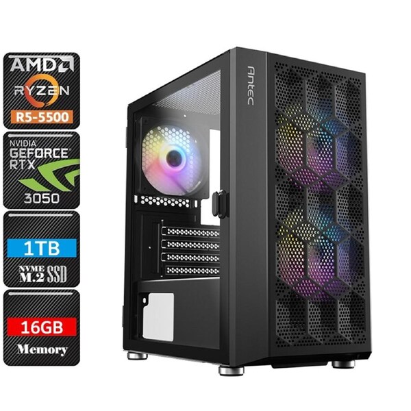 AMD Ryzen 5 5500 RTX 3050 RGB Gaming PC System, 16GB RAM/1TB NVMe SSD/Windows 11 [5500-RTX3050-16G1S-NX200MR-WO]