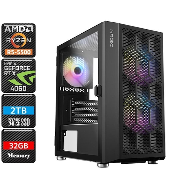 AMD Ryzen 5 5500 RTX 4060 RGB Gaming PC System, 32GB RAM/2TB NVMe SSD/Windows 11 [5500-RTX4060-32G2S-NX200MR-WO]