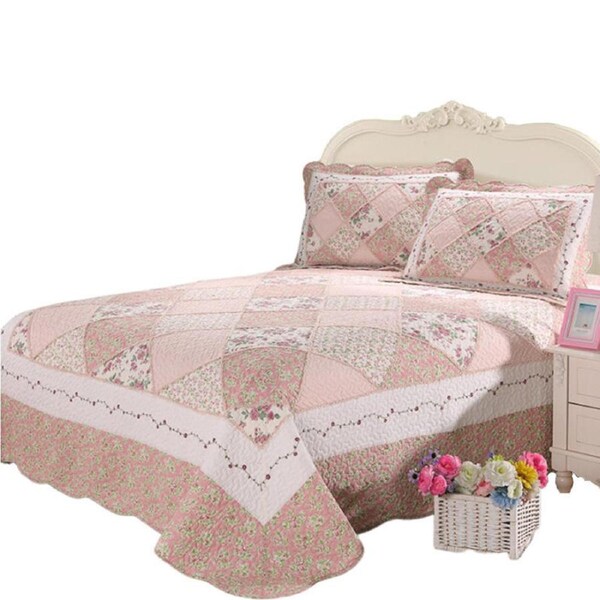 Nevenka Pink Quilt Set Queen Size Floral Patchwork Quilted Bedspread for All Season