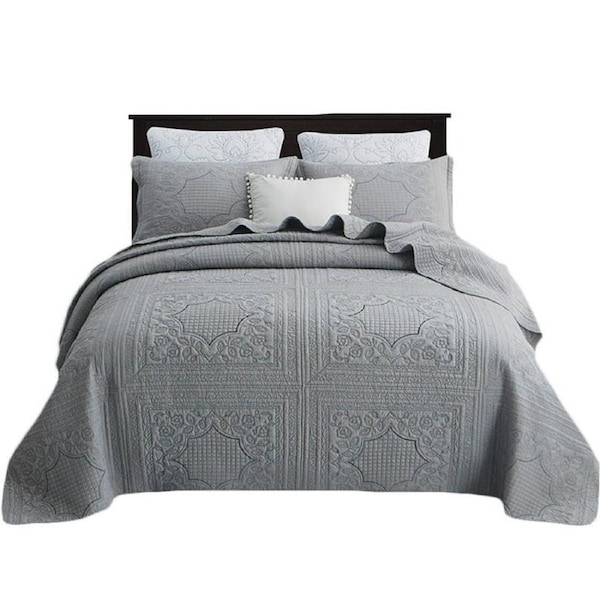 Nevenka Queen Size Comforter Cover Embroidery Square Grey Quilt With 2 Pillow Cases