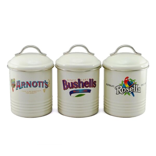 Farmhouse Enamel Retro Kitchen Canisters Arnotts Rosella Bushells Set 3