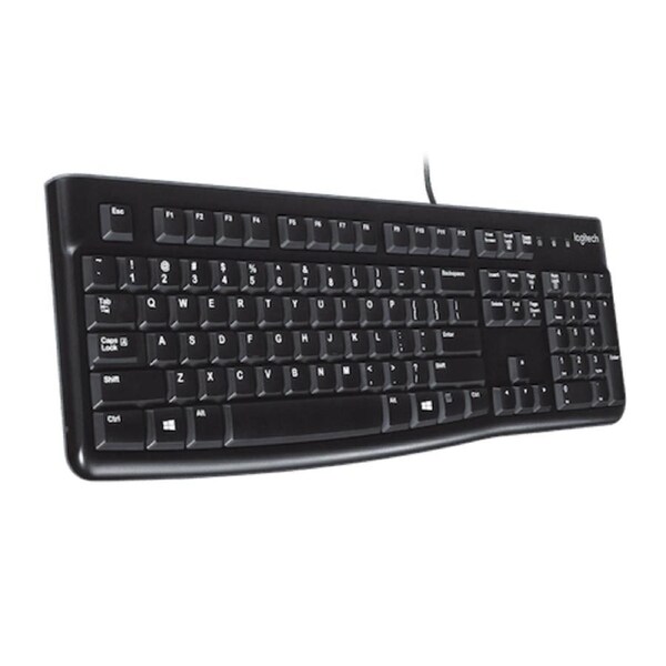 Logitech K120 Wired Keyboard Quiet typing Spill-resistant Durable keys Thin profile Curved space bar Adjustable tilt legs