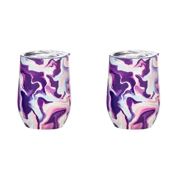2x Porta Summer Swirl Double Walled 350ml Stainless Steel Wine Tumbler Cup PRPL