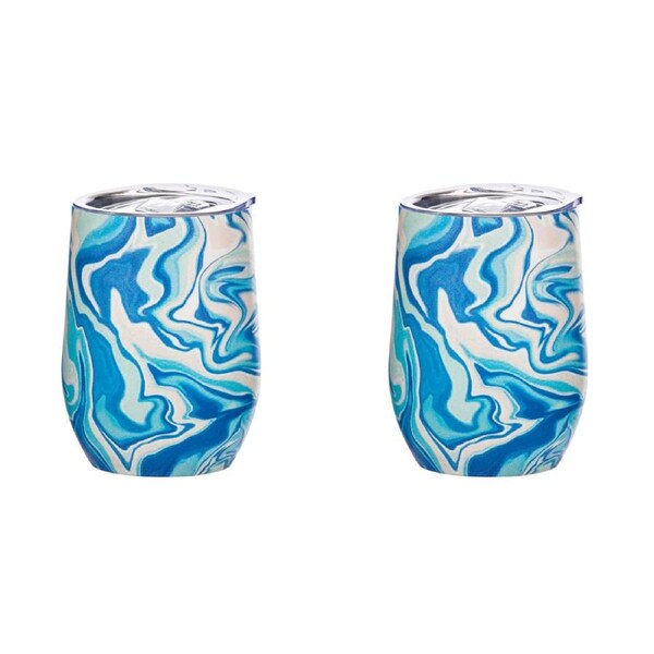 2x Porta Summer Swirl Double Walled 350ml Stainless Steel Wine Tumbler Cup Blue