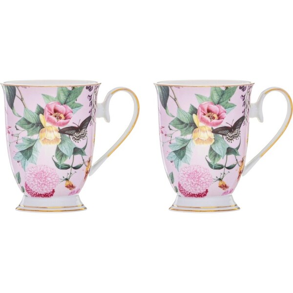 2x Ashdene Romantic Garden 300ml Footed Coffee Mug Tea Cup New Bone China Pink