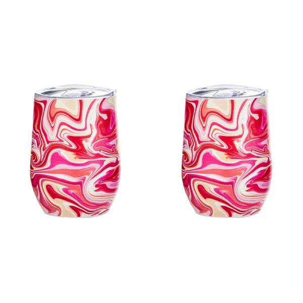 2x Porta Summer Swirl Double Walled 350ml Stainless Steel Wine Tumbler Cup Pink