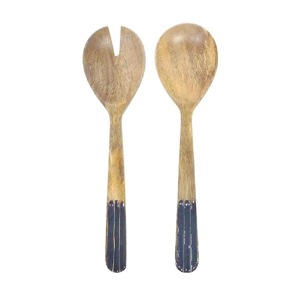 2pc Urban Ripple 30cm Mango Wood Spoon/Spork Salad Servers Kitchen Utensil Blue