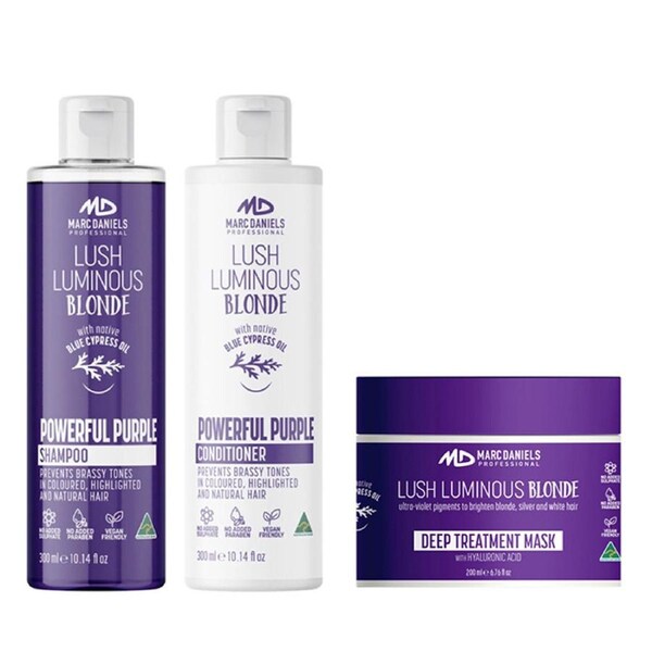 Marc Daniels Powerful Purple Blonde Set. 300ml Shampoo, 300ml Conditoner and 200gm Mask