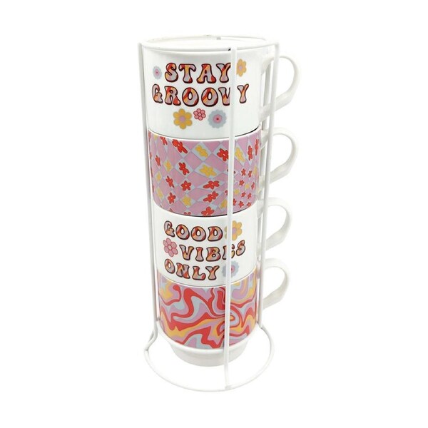4pc Urban Retro Floral Stacked 300ml Ceramic Mugs w/ Metal Rack Coffee Drinkware
