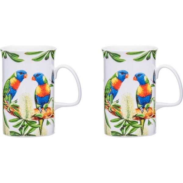 2x Ashdene Australian Bird 320ml Coffee Mug Cup Fine Bone China Rainbow Lorikeet