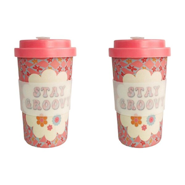 2x Urban 400ml Retro Floral Stay Groovy Eco Mug Travel Drinking Cup w/ Lid Pink
