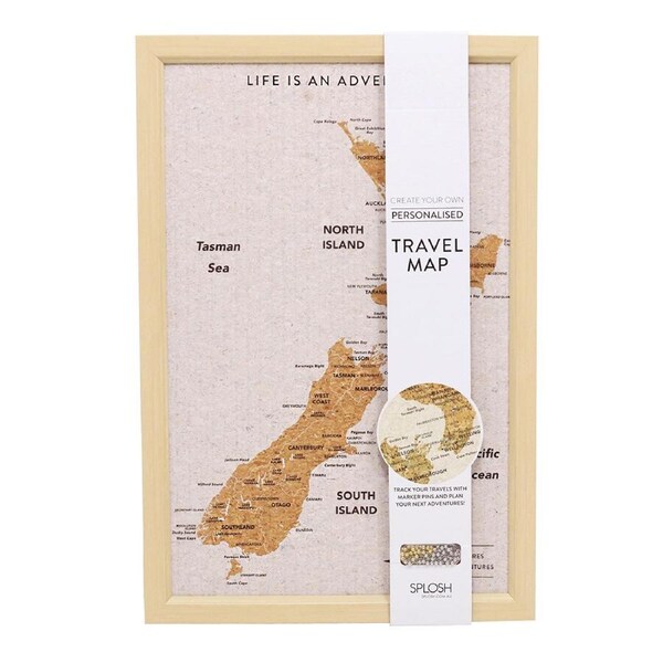 Splosh Travel Board New Zealand Map Desk Decor w/Gold/Silver Pins Small 53.5cm