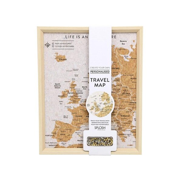 Splosh Travel Board Europe Map Desk Decor Framed Cork w/Gold/Silver Pins 22x27cm