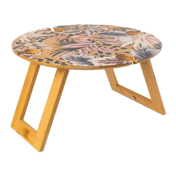 Splosh Picnic Leopard Foldable Round Bamboo Table Desk w/ Glass Holders 40cm