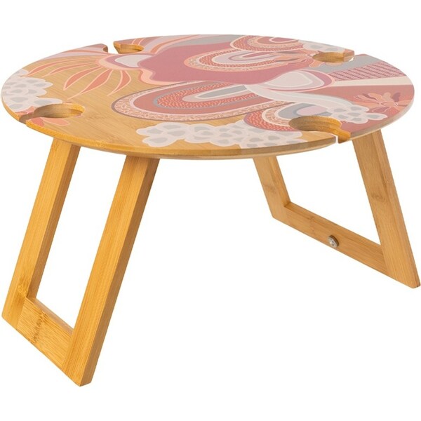 Splosh Picnic Abstract Foldable Round Bamboo Table Desk w/ Glass Holders 40cm