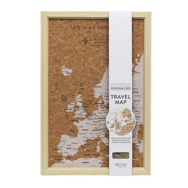 Splosh Travel Board Europe Map Desk Framed Decor w/Gold/Silver Pins Small 53.5cm