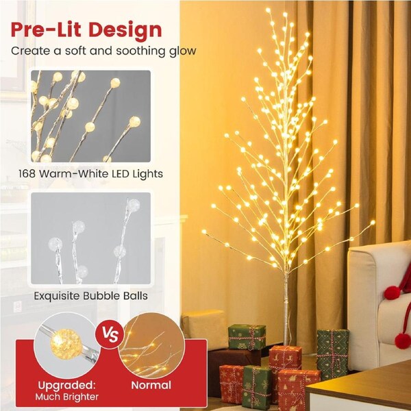 Costway 155cm Xmas Birch Tree 168 LED Artificial Christmas Twig Tree Holiday Party Decor w/Metal Stakes, Indoor & Outdoor Porch Home Store